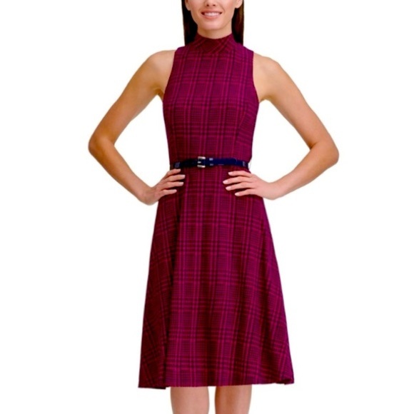 Mock Neck Houndstooth Sheath Midi Fuchsia Pink + Navy Blue Dress Midi Size 14 - Picture 1 of 14